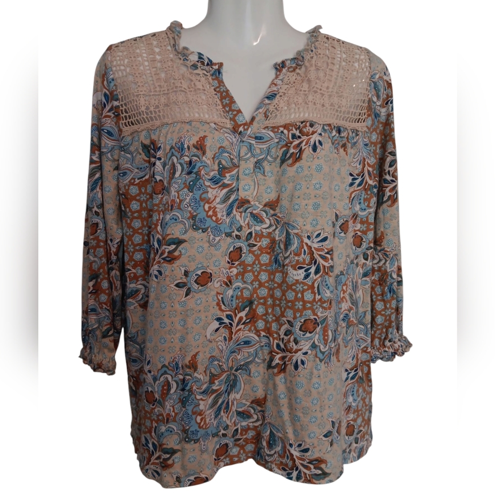 Vintage America Women's S Floral Print Top Boho Hippy Style Blue Brown Lace
